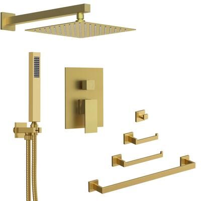 "GRANDJOY 10"" Rainfall Shower System with 4-Piece Bathroom Towel Bar Hardware Set Combo"