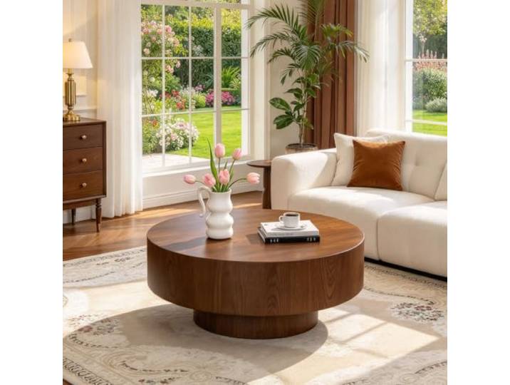 Runder Couchtisch In Trommelform 30,5 Zoll Mit Dunklem Walnussfurnier Niedriger Couchtisch Aus Holz Mit Stabilem Sockel Moderner Runder Beistelltisch Für Das Wohnzimmer