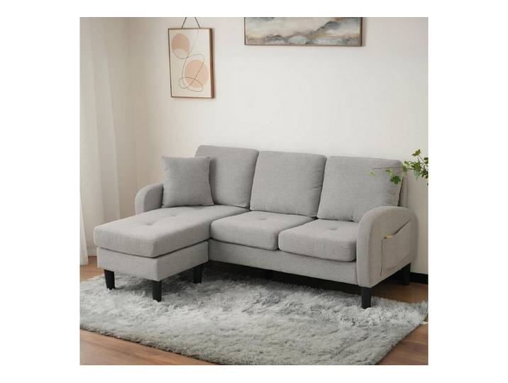 LuxusKollektion Ecksofa Eckcouch Chaiselongue 3Sitzer LForm Leinenoptik Grau