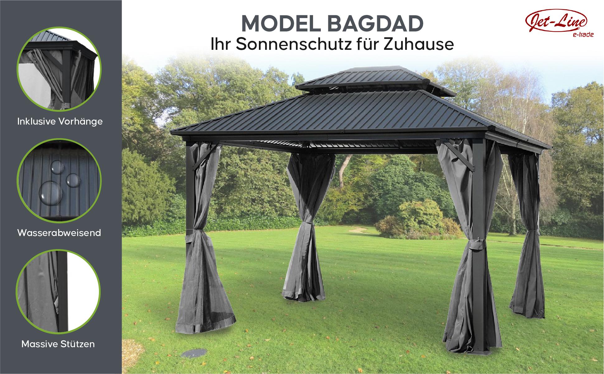 Pavillon Gartenpavillon 3,65x3,65m BAGDAD anthrazit aus Aluminium mit Hardtop aus Metall Sonnenschutz für Terrasse Garten