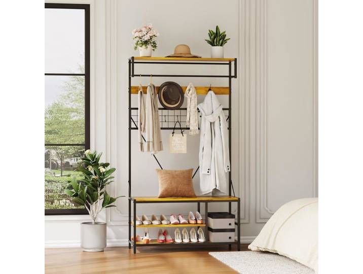 Portemanteau colonne avec banc et range-chaussures - 5-en-1 - Métal et bois - Entrée