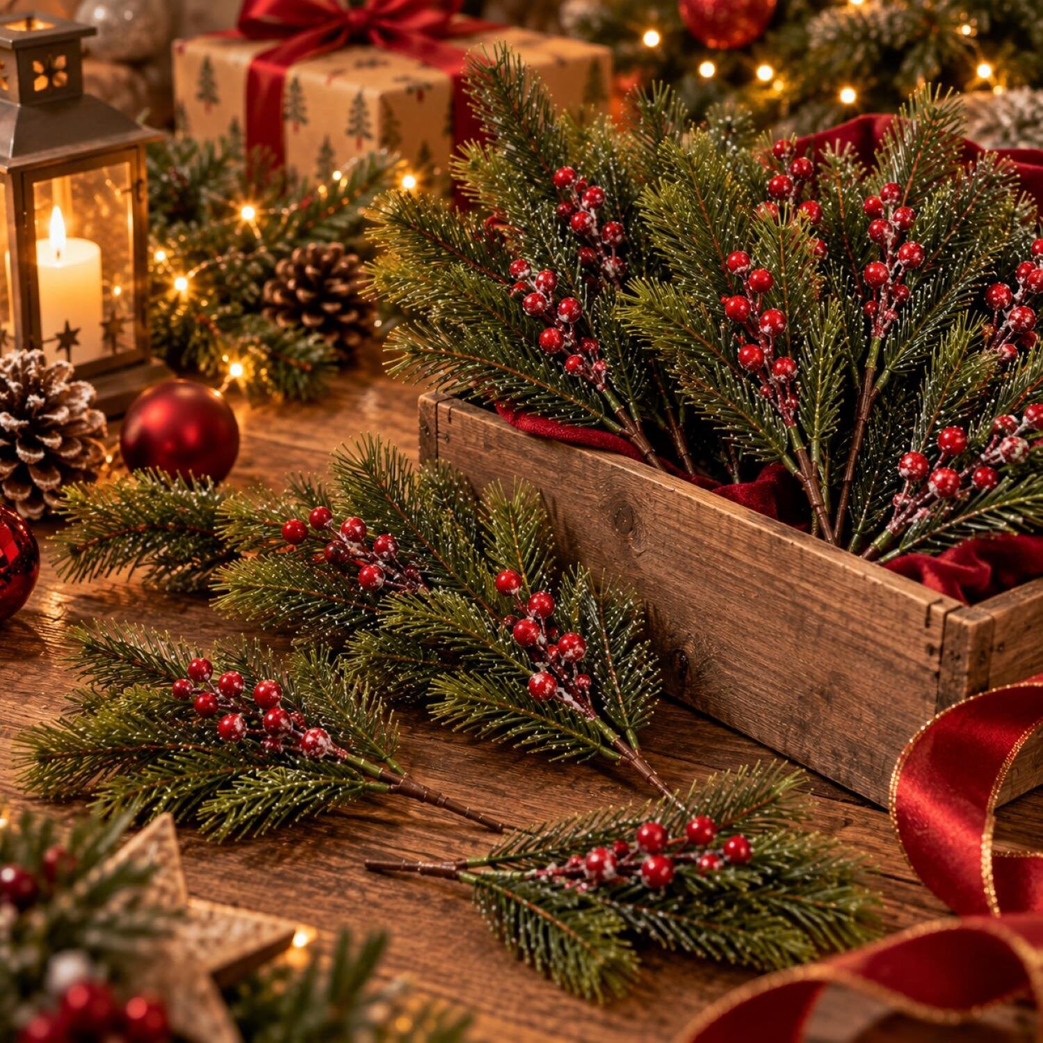 Decoris kersttak met groene dennentakken en bessen, 52 cm