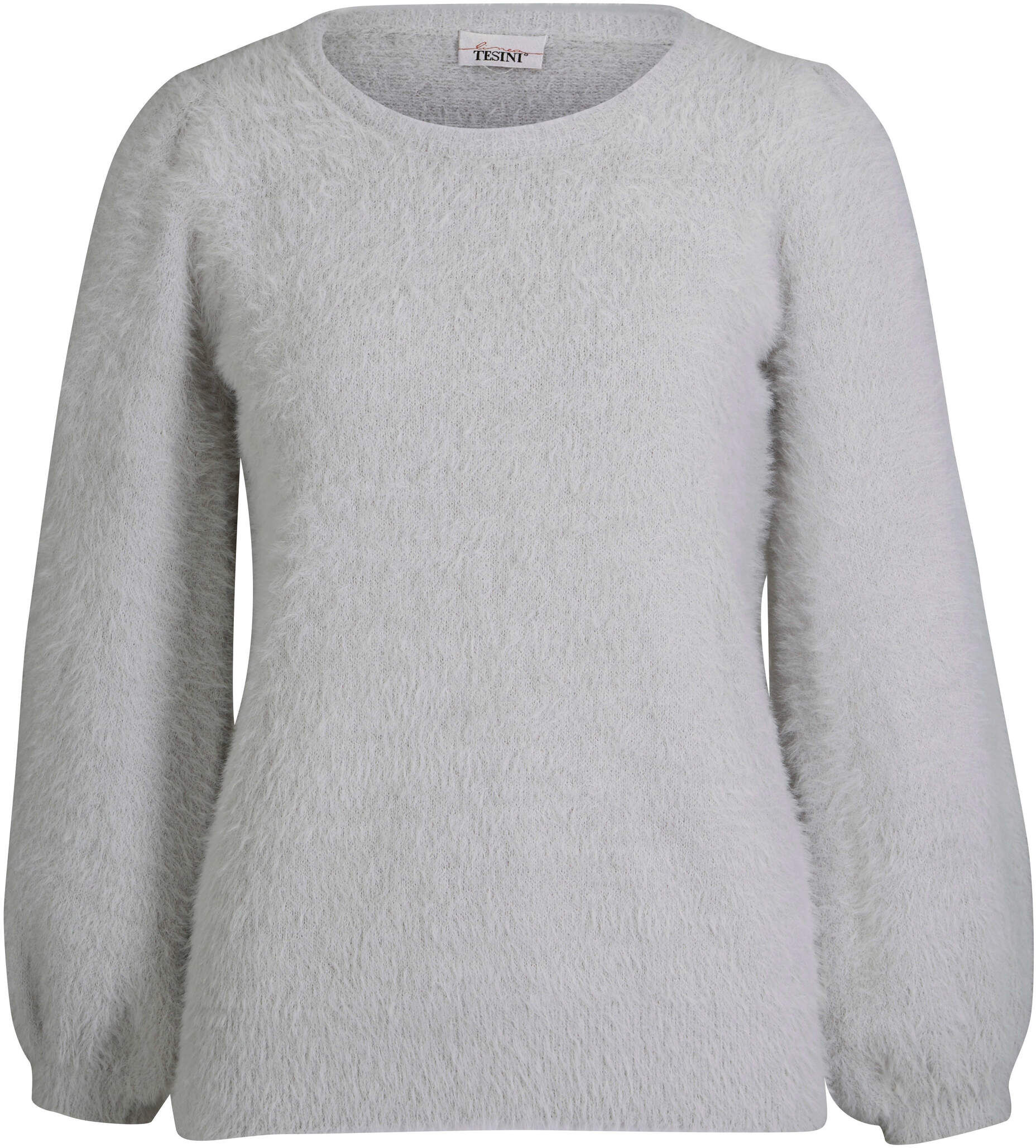 Longpullover HEINE "Pullover Strickpullover aus Flauschgarn", Damen, Gr. 42, hellgrau, Modisch, Rundhals, Pullover Longpullover