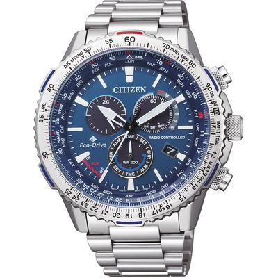 Funkchronograph CITIZEN "Promaster Sky", silber (silberfarben, blau, blau), Armbanduhren, Herren, silberfarben, Armbanduhr, Herrenuhr, Solar, Stoppfunktion, bis 20 bar wasserdicht