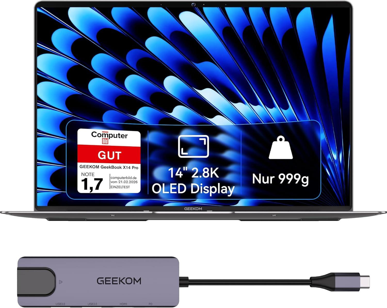 GEEKOM GeekBook X14 Pro ultralichte laptop met 14 inch 2.8K OLED-scherm, Intel Core Ultra 5-125H, 16GB RAM, 512GB SSD en 16 uur batterijduur