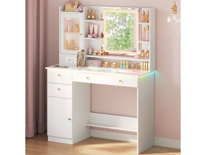 Coiffeuse blanche avec miroir LED - WOLTU - Éclairage RGB réglable par Bluetooth - Miroir à 3 températures de couleur