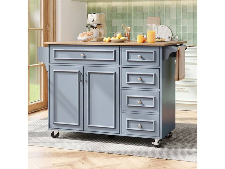 Ilot Central Cuisine avec Rangement et Plan de Travail Meuble Cuisine multifonction Table Bar Cuisine Roulant Bleu