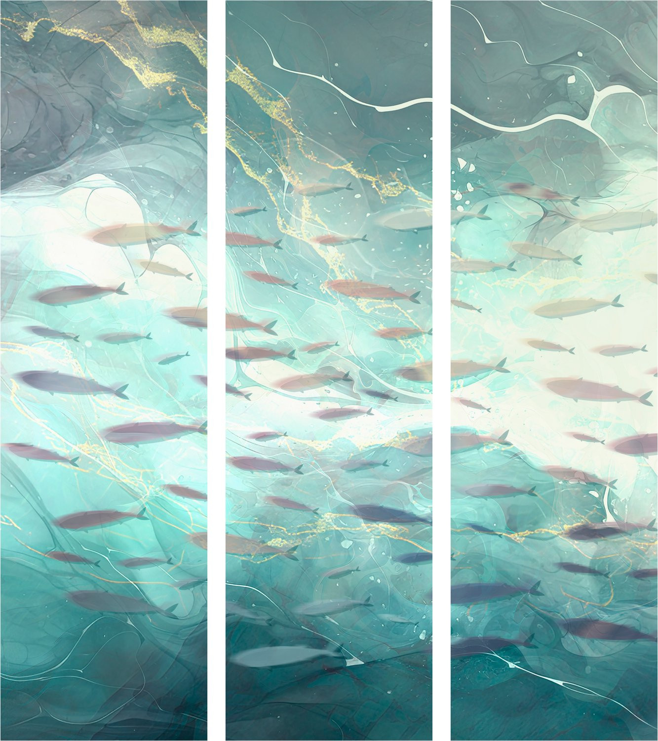 Japans Kamerscherm Escaping Fish - 3-delig - Houten Frame - H 172 cm x B 135 cm