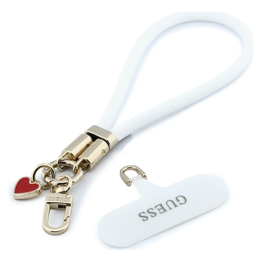 Guess Smycz do telefonu Wrist Strap Silicone Script Charms biały (GUUCLSSMCH)
