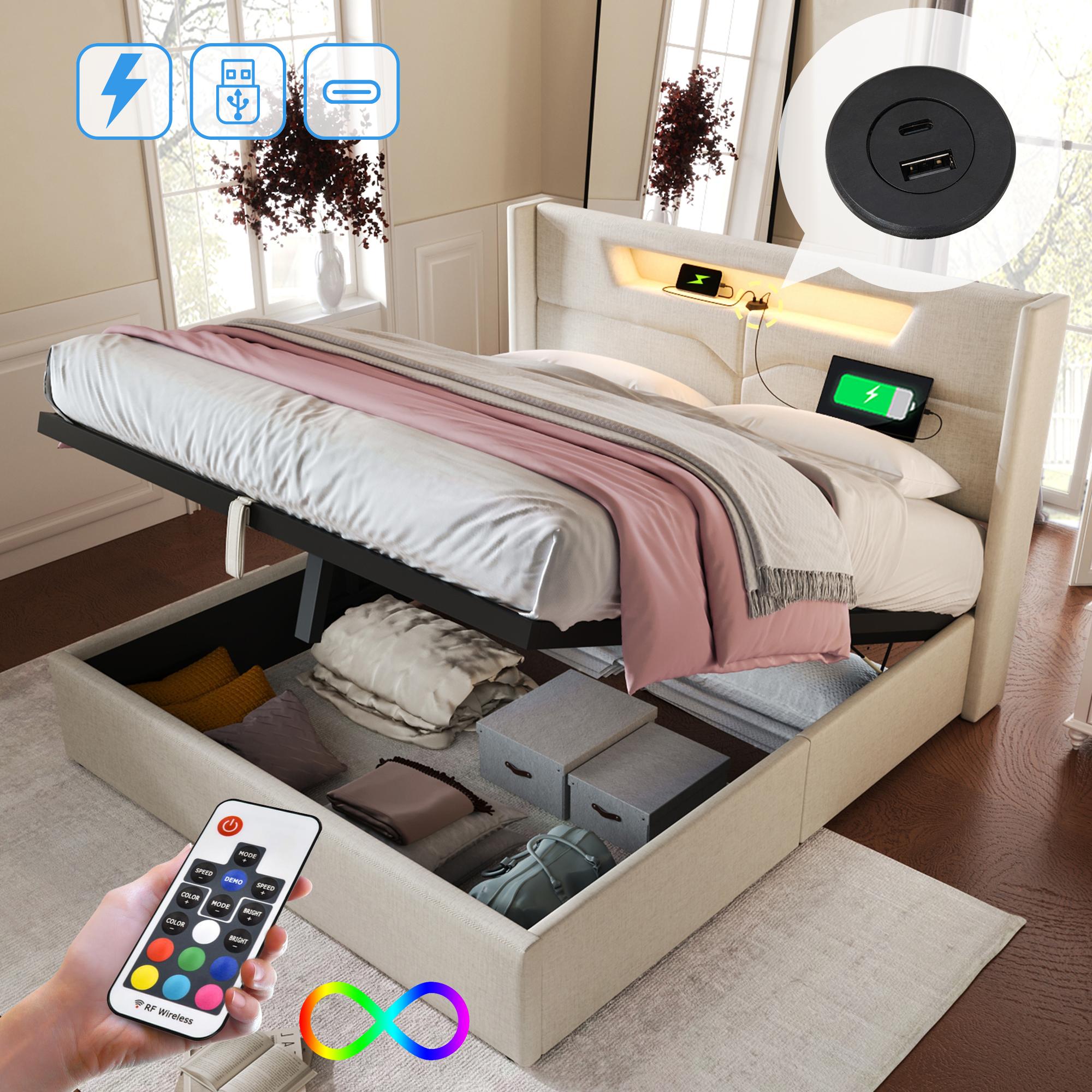 Polsterbett LED Doppelbett mit USB Typ C Ladefunktion und LED-Beleuchtung, Jugendbett 140x200 mit lattenrost(Ohne Matratze)