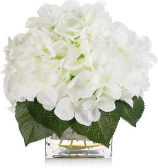 Enova Home Silk Pink Hydrangea Artificial Flowers in Vase with Faux Water, Silk Flower Arrangements in Vase for Home Decor, Wedding Table