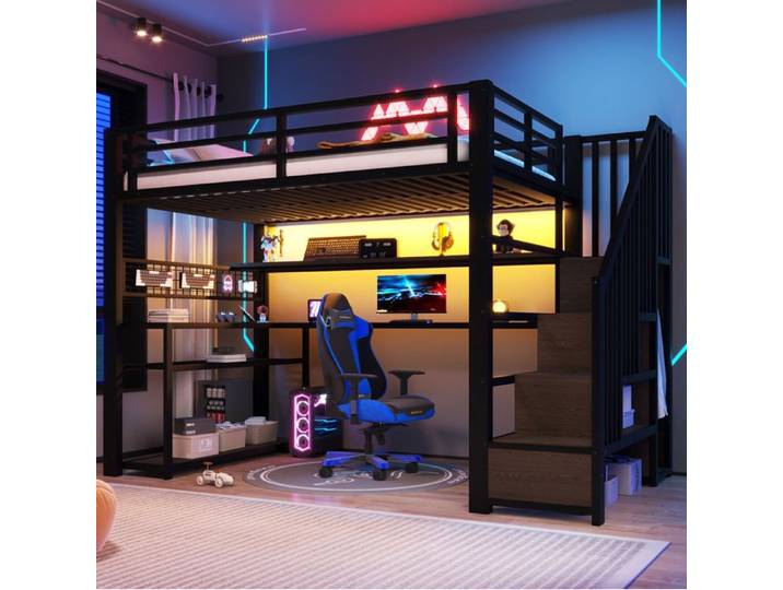 WUVRIE Lit mezzanine 90x200 cm en métal et MDF avec bureau intégré armoire rangement et LED RGB noir