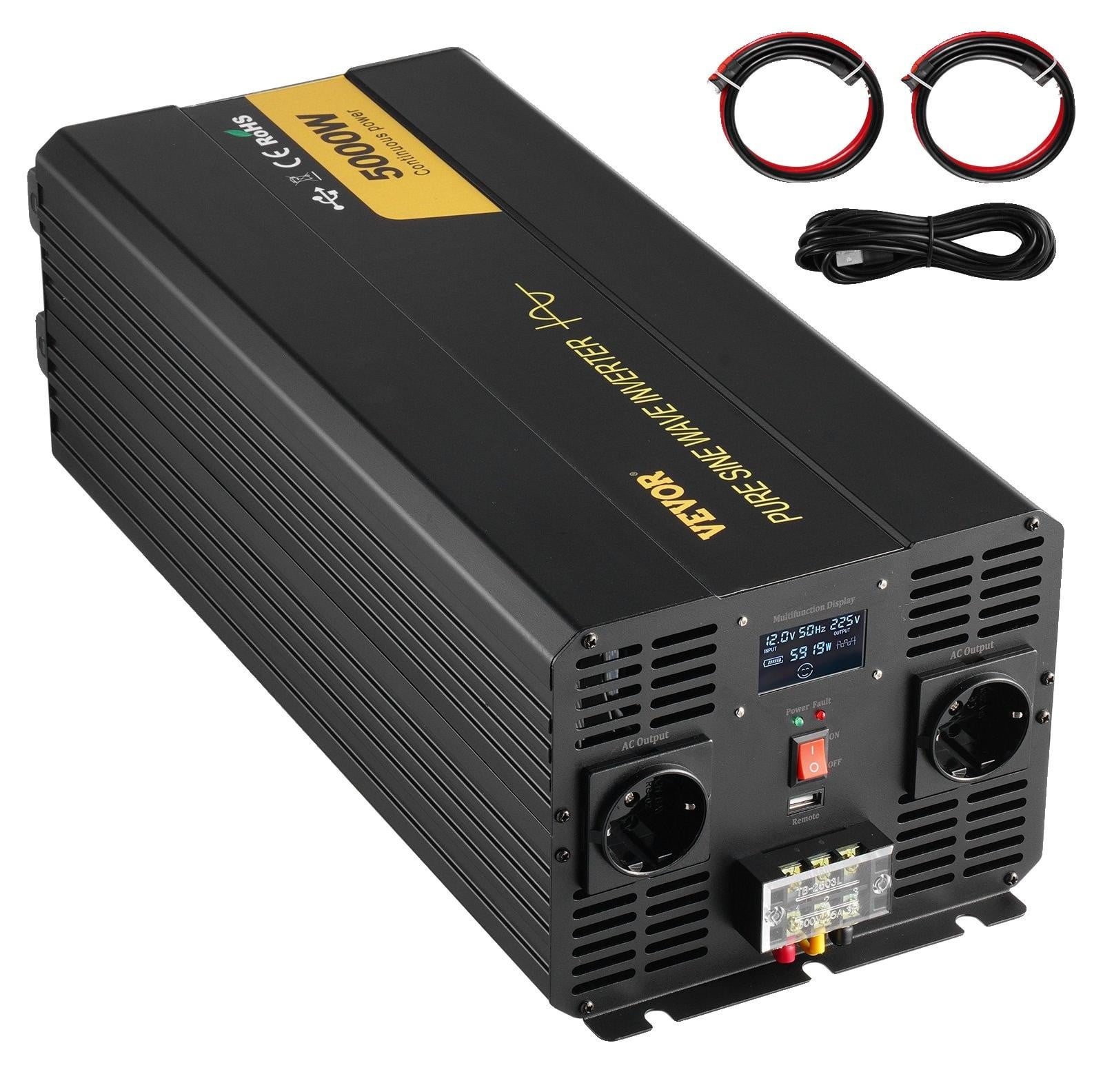 VEVOR Pure sinusgolf-omvormer 5000W, DC 12V naar AC 230V, met USB-poort en LCD-display, zwart