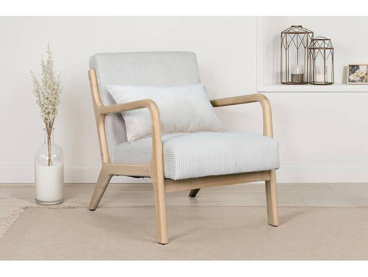 Sessel BYLIVING NOHR , weiß (off, weiß (weiß)), B:65cm H:81cm T:76cm, Sessel, Sessel, Grob-Cord, Gestell Massivholz Rubberwood, Separates Zierkissen