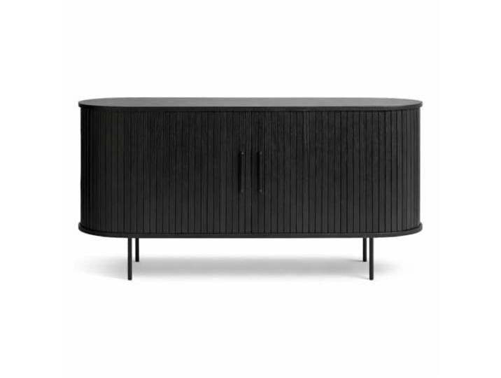 Liadomo Sideboard 140 cm, Uriel, Kommode, Schwarz TV-Schrank, Eiche Furnier, Lamellen-Optik, Schiebetüren, Moderner Retro Look, 2 Einlegeböden, hohe Metallbeine