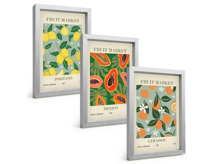 Tulup Bilder SET 3er Set - 20x30 cm Silberner Rahmen - Fruchtposter Zitronen Papayas, Silberfarben, Kunststoff, Rechteckig, 20x30 cm, Fotografie, Bilder & Rahmen, Bilder