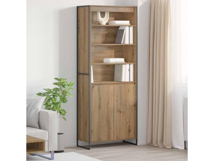Eleganter hoher Schrank mit rechteckiger Form und Holzwerkstoff in Eiche - Industrieller hoher Schrank für Wohnzimmer und schlanker Aufbewahrungsschrank mit Stahlbeinen im