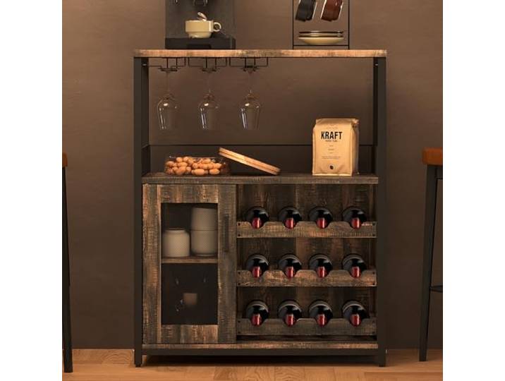 Garvee Weinschrank Weinregal Industrial Barschrank mit Verstellbarem Weinregal und Glashalter Getränkeaufbewahrung Weinbarschrank für Küche Esszimmer Wohnzimmer 70x35x92 cm Flammenrot