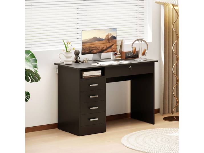 HOMCOM Bureau Moderne 5 Tiroirs Verrouillable 110x50cm Noir