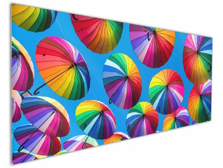 Wallario Küchenrückwand Bunte Regenschirme vor blauem Himmel, (1-tlg)
