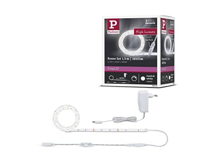 Kit SimpLED Power de Paulmann\, 1\,5 m\, blanc neutre KIT PRÊT À L'EMPLOI – Comprend un bloc d'alimentation 230 V/12 V avec câble d'alimentation et fiche