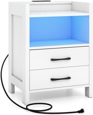 Costway 23.5 Inches Nightstand with Charging Station and Open Storage Shelf-White