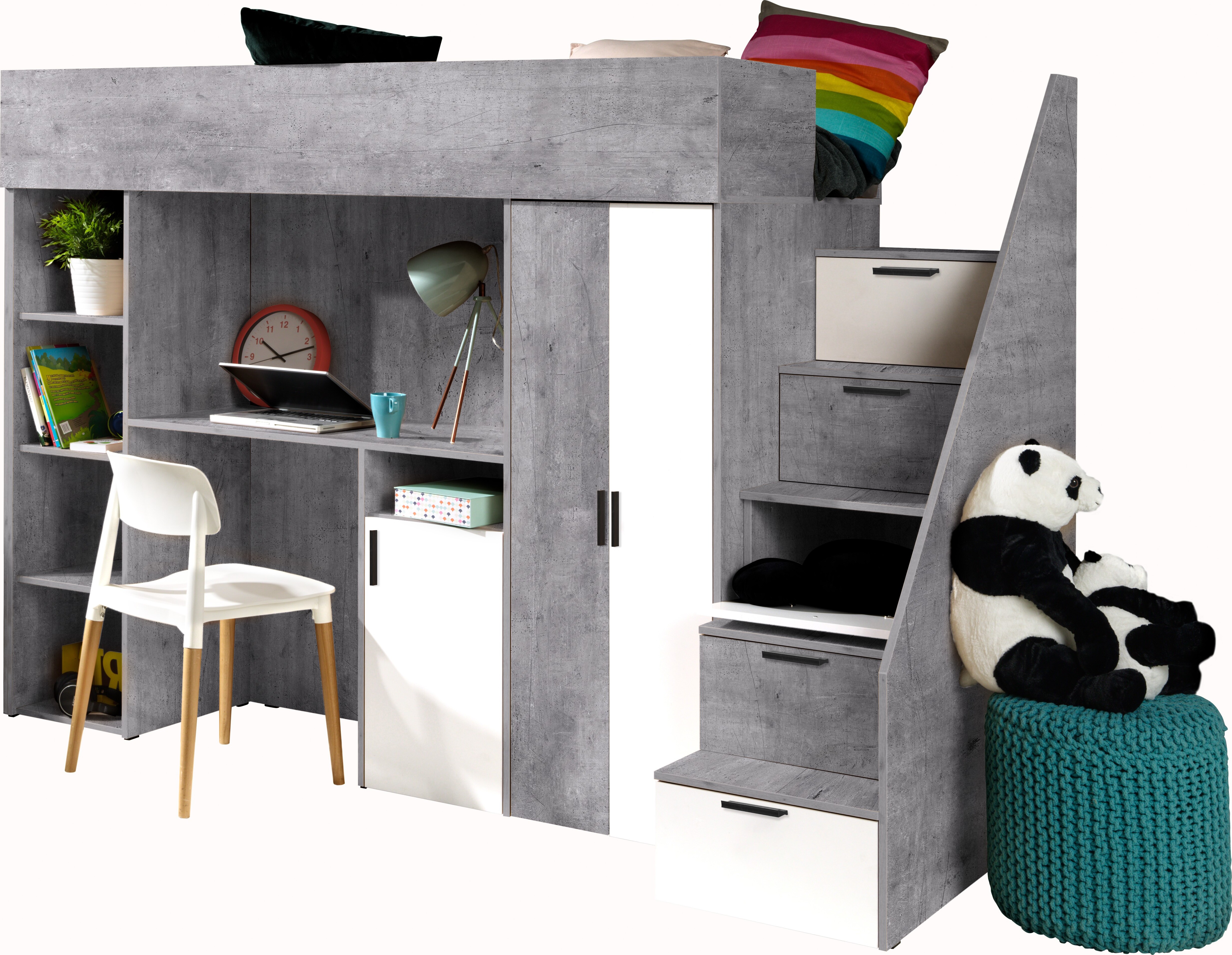 Etagenbett für Kinder Konkret 14 Stockbett mit Treppe, Kleiderschrank und Schreibtisch (Beton + Weiß)