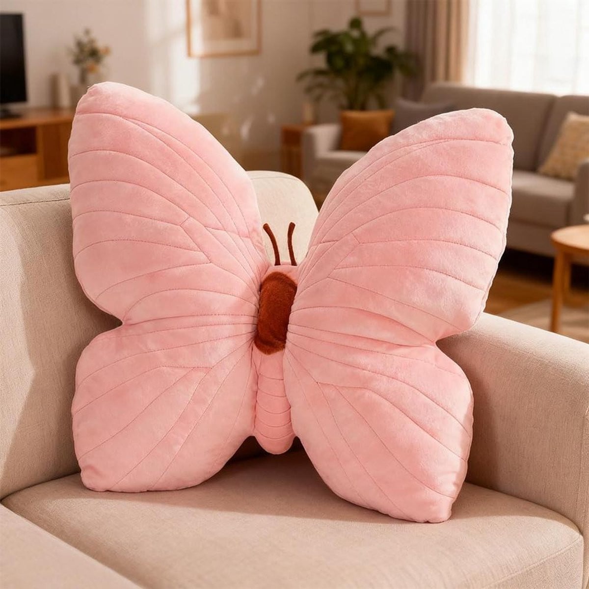 Roze Vlinderkussen van zacht pluche - 40 cm