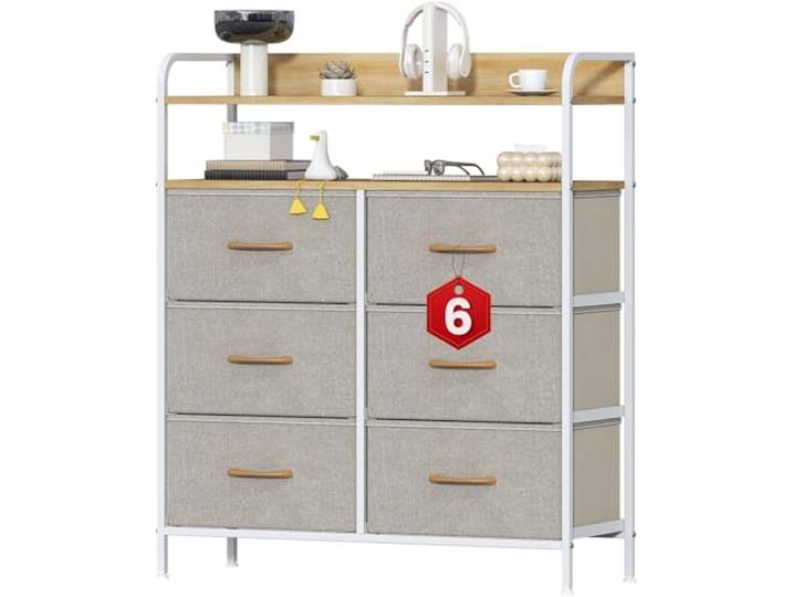 Feonase Kommode mit 6 Schubladen, Stoffkommode mit doppelter Holzoberfläche, Stabiler Stahlrahmen, Kommode für Schlafzimmer/Wohnzimmer/Babyzimmer, große Kapazität, Aufbewahrungs-Organizer (Beige)