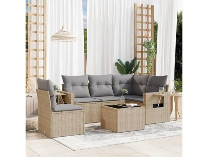ZQQLVOO 6-TLG. Poly Rattan Sofagarnitur Beige mit Kissen Modulares Design, Glastisch, klappbare Ablagen mit Gasfedern, dick gepolsterte Kissen