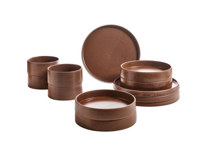 Novel Kombiservice Kyoto, Braun, Keramik, 12-teilig, Uni, 600 ml, Lfgb, lebensmittelecht, Geschirr, Geschirrsets, Kombiservice