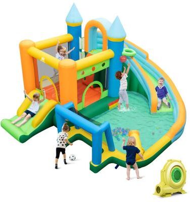 Costway Inflatable Water Slide with Dual Slides and Splash Pool Bounce House with 735W Blower
