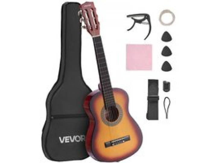 VEVOR Concertgitaar, 780 mm, Houten Klassieke Gitaar Starterset voor Beginners, met Nylon Snaren, Gigbag, Riem, Tuner, Extra Snaren, Plectrum, Capo, Lindehout, voor Beginners, Sunburst