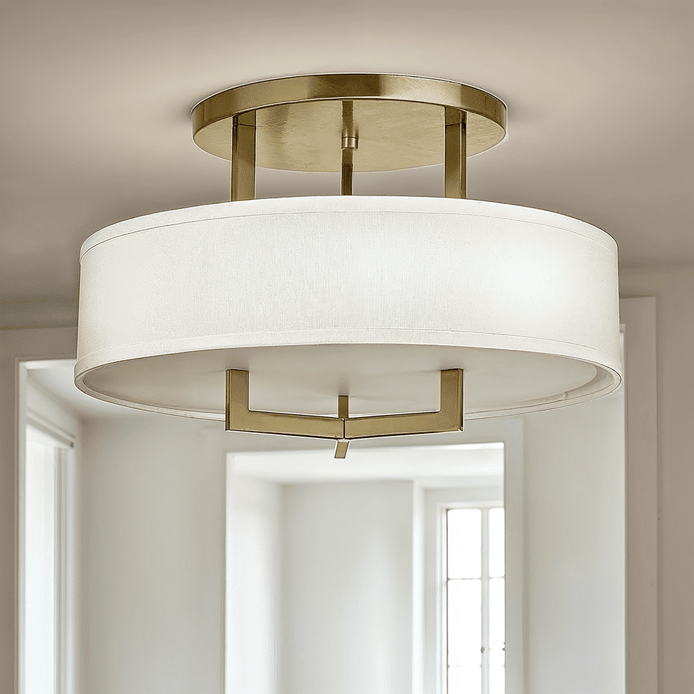 Jessie Brushed Brass 3 Light Semi-Flush Ceiling Light with Linen Shade