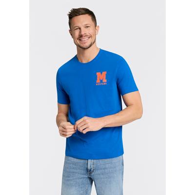Rundhalsshirt MUSTANG "Alex Logo Brust", Herren, Gr. L, nautical blau, Jersey, Obermaterial: 100% Baumwolle, bedruckt, normal hüftbedeckend, Rundhals, Shirts Rundhalsshirt, normale Passform, Kurzarm-Design, lässiger Stil