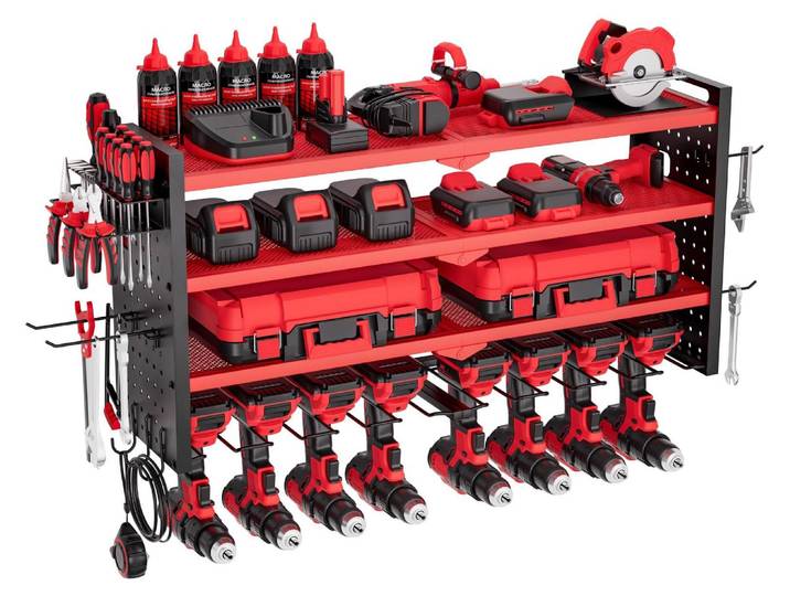 VEVOR Organiseur mural pour outils électriques\, support de rangement à 4 niveaux avec 8 supports de perceuse\, porte-outils avec panneaux perforés latéraux\, étagère à outils pour garage et atelier