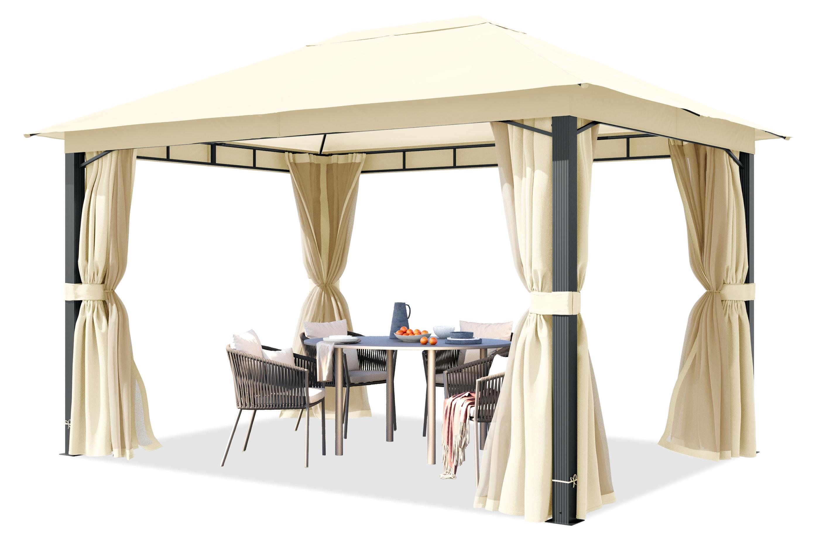 TOOLPORT Gartenpavillon 3x4 m ca. 220g/m² Dachplane Pavillon mit 4 Seitenteilen und 4 Moskitonetzen - champagner