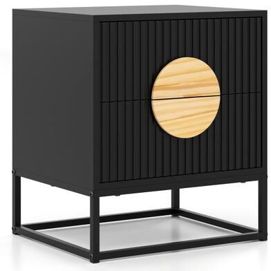 Costway Modern Mid Century Fluted Nightstand with 2 Drawers and Pine Wood Handles for Bedroom-Black