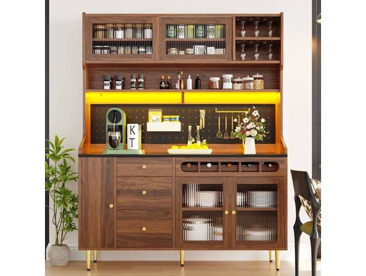 Buffet-Armoires Cuisine-Haut Vaisselier avec Plans de Travail et 3 Tiroirs-Étagères Réglables-2 Portes Coulissante-Walnut