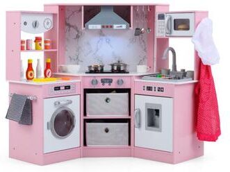 Costway Wooden Kids Play Kitchen Playset with Realistic Lights and Sounds-Pink