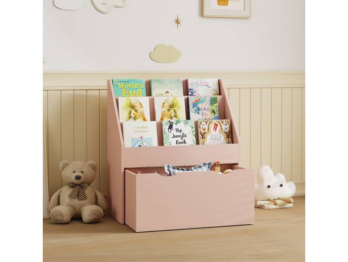 AIYAPLAY Bibliothèque Enfant 3 Niveaux Tiroir 62,5x30x70cm Rose