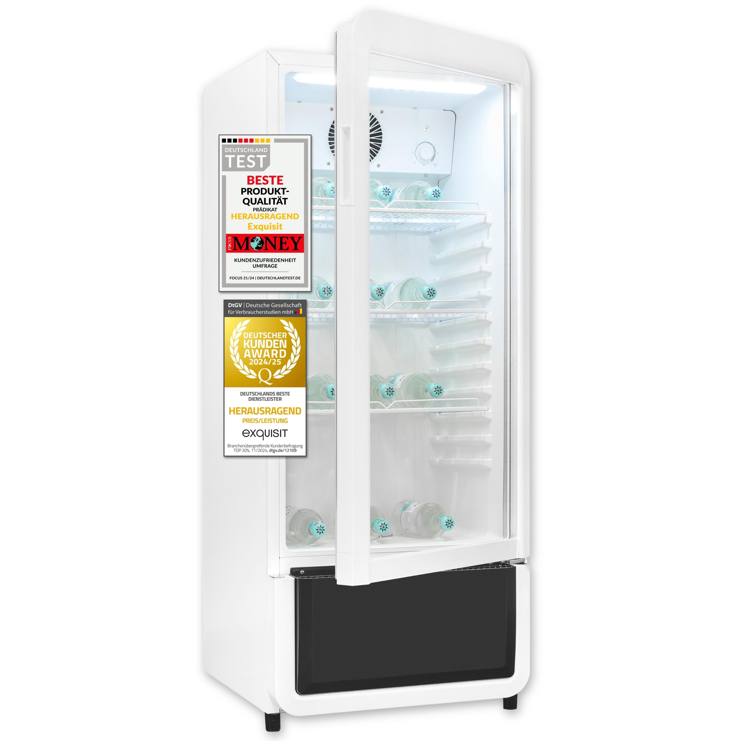 Exquisit Glastürkühlschrank, 200l Getränkekühlschrank mit LED, Umluft, 3 verstellbare Ablagen, CoolPro, GKS5180-GT-431D weiss