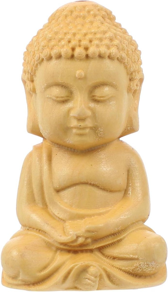 Miniatuur Boeddhabeeld Bruin - Zen Beeldje voor Tafeldecoratie - Fijn Houtsnijwerk - 4 x 2 cm