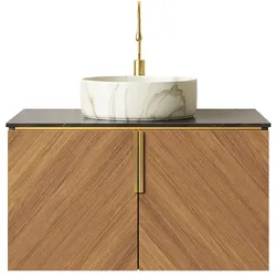 STILVORA Wandhängender Badezimmer-Waschtisch Keramik/Sinterstein Braun-Eiche 76 cm