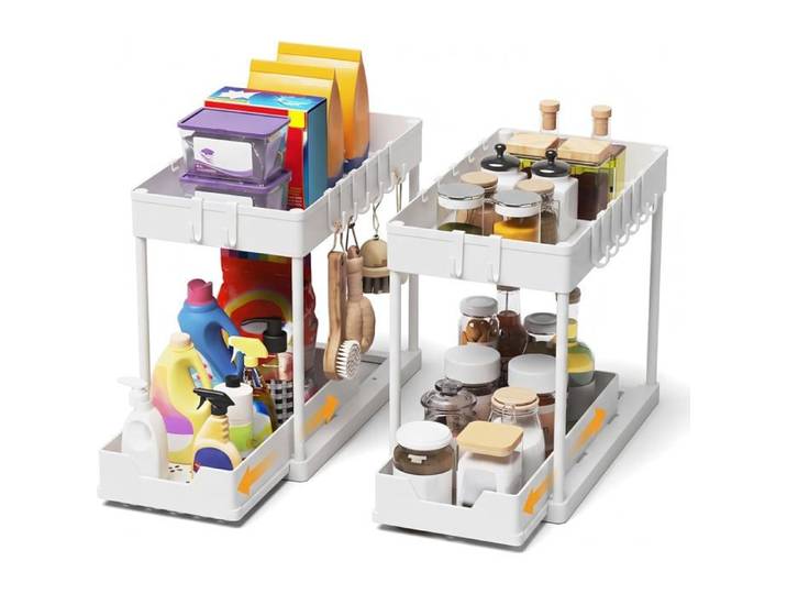 Lot de 2 Rangement sous Évier Tiroir Coulissant Extractible – Organiseur Cuisine Panier Coulissant Fermeture Auto-Agrippante
