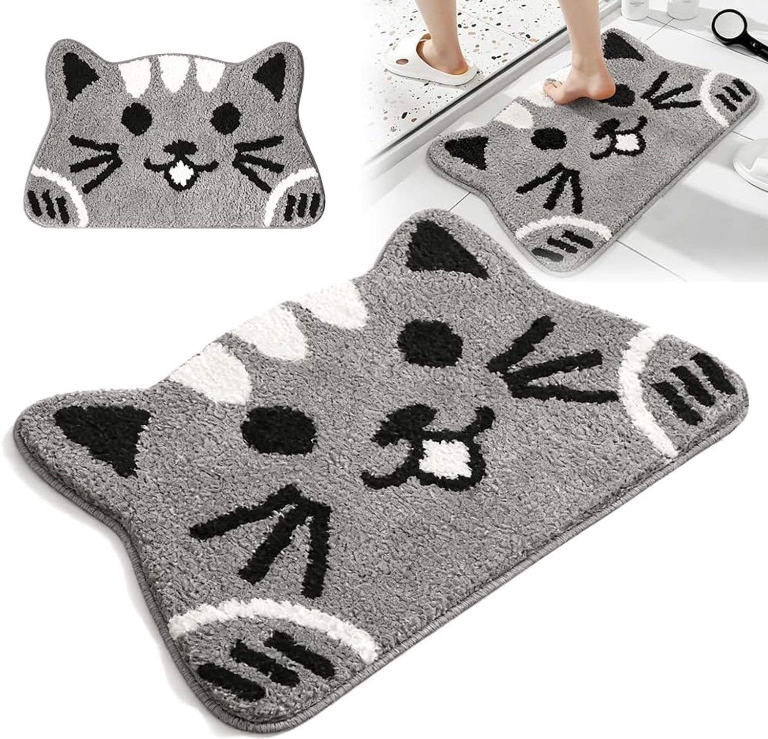 Wasbare microvezel deurmat en badmat met grijze kat decoratie, 40 x 70 cm, antislip