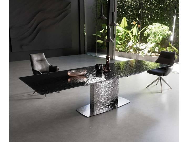 Esstisch Edge 200-300x100 Reliefglas Rauchschwarz 3D-Design Wave Edelstahl ausziehbar, Esstische
