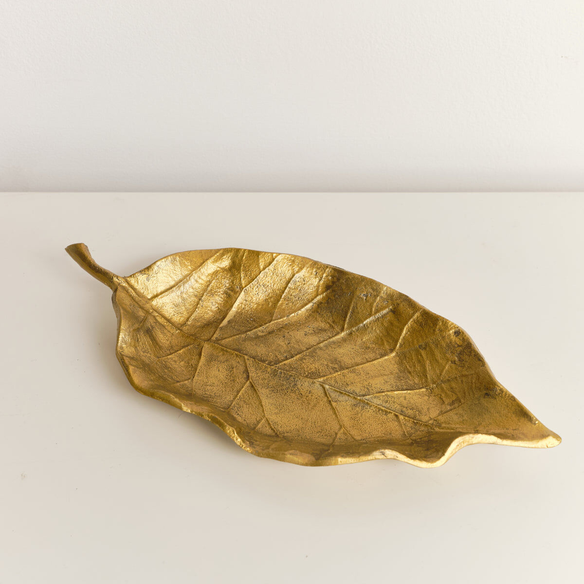 Large Antique Gold Bay Leaf Shaped Trinket Tray - 36cm Metal