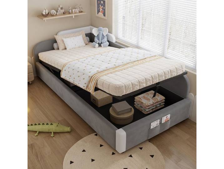 Lit enfant rembourré 90 x 200 cm — rangement hydraulique barrière souple gris