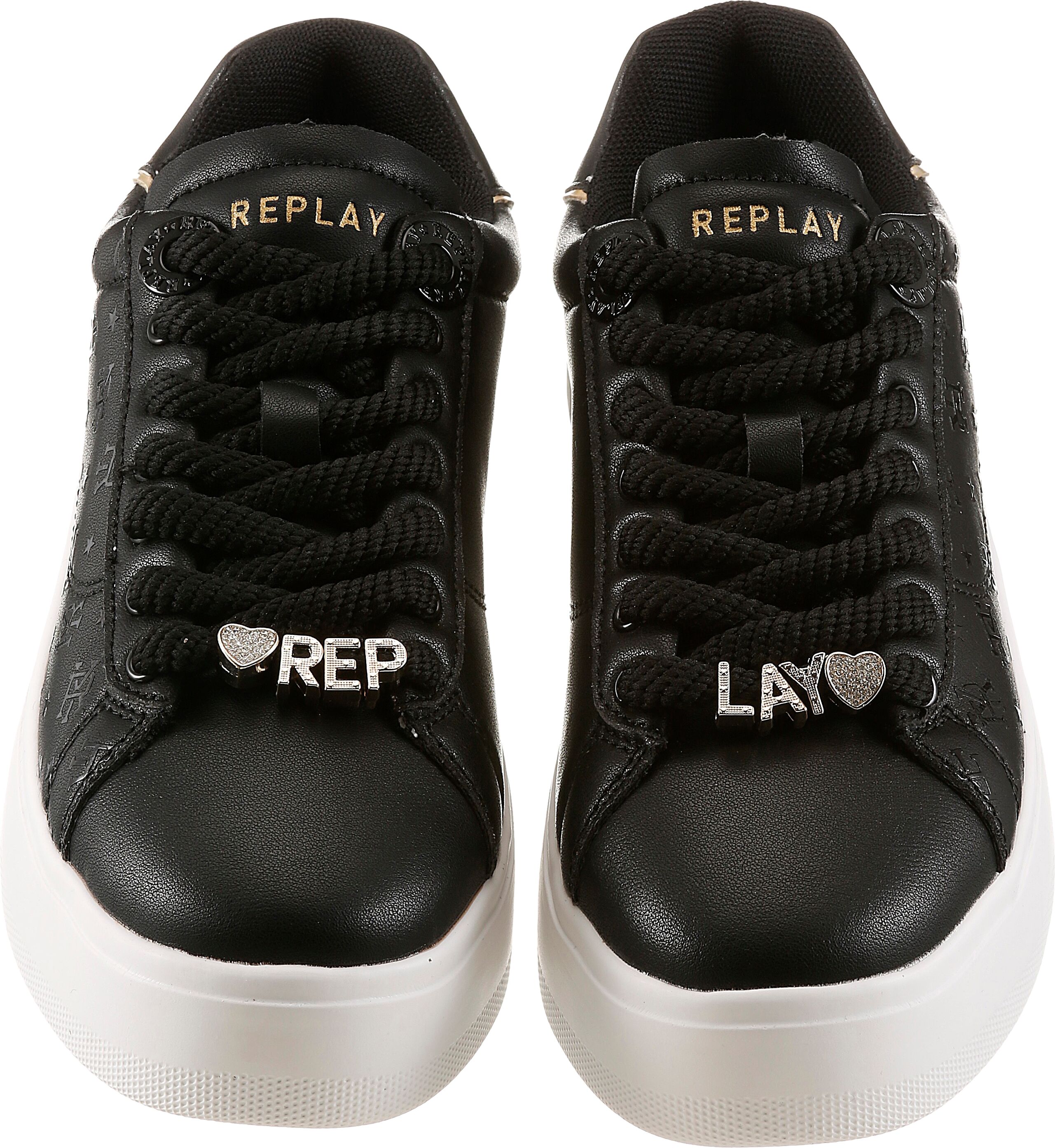 Plateausneaker REPLAY, Damen, Gr. 41, schwarz, Lederimitat, unifarben, Basic, Schuhe Plateausneaker, Halbschuh, Freizeitsneaker, Schnürschuh mit Monogramm-Prägungen schwarz 41